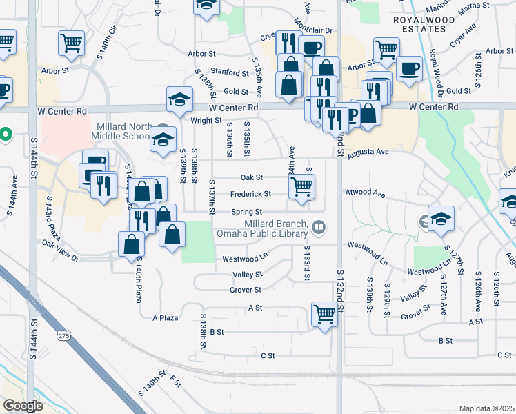 map of restaurants, bars, coffee shops, grocery stores, and more near 13489 Spring Street in Omaha