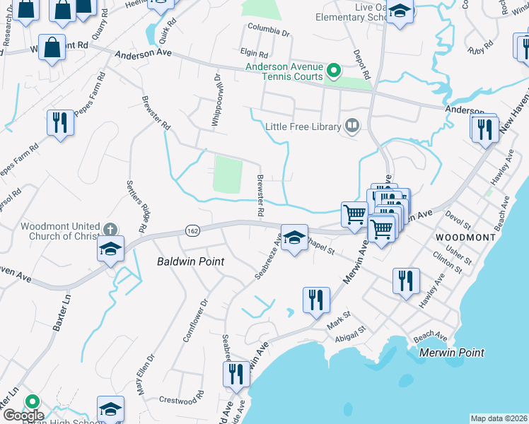 map of restaurants, bars, coffee shops, grocery stores, and more near 5 Brewster Road in Milford