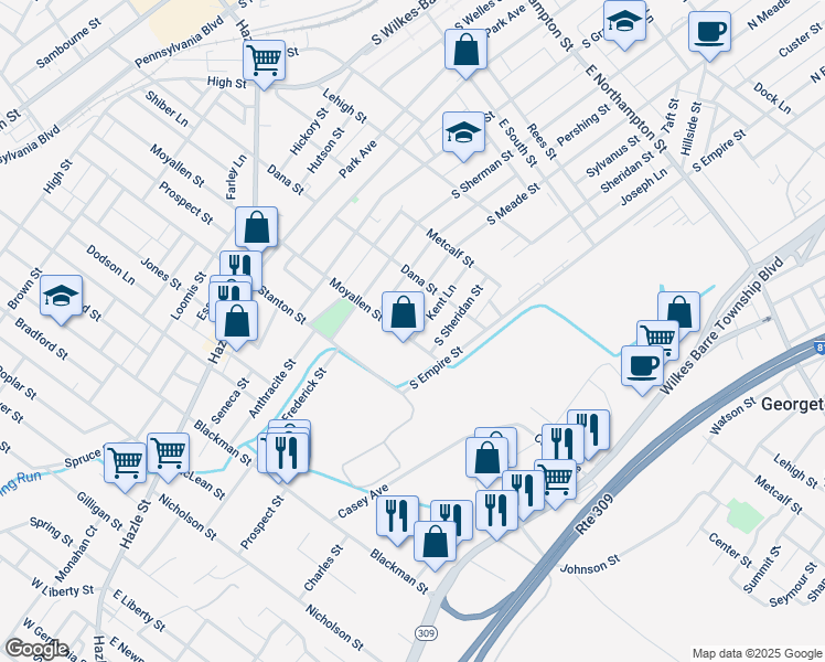 map of restaurants, bars, coffee shops, grocery stores, and more near 151 Kent Lane in Wilkes-Barre