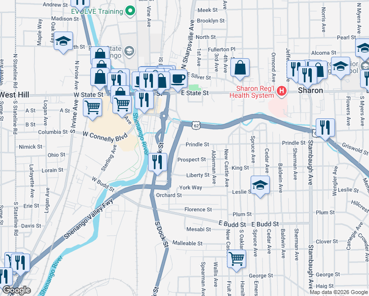 map of restaurants, bars, coffee shops, grocery stores, and more near 276 Walnut Avenue in Sharon