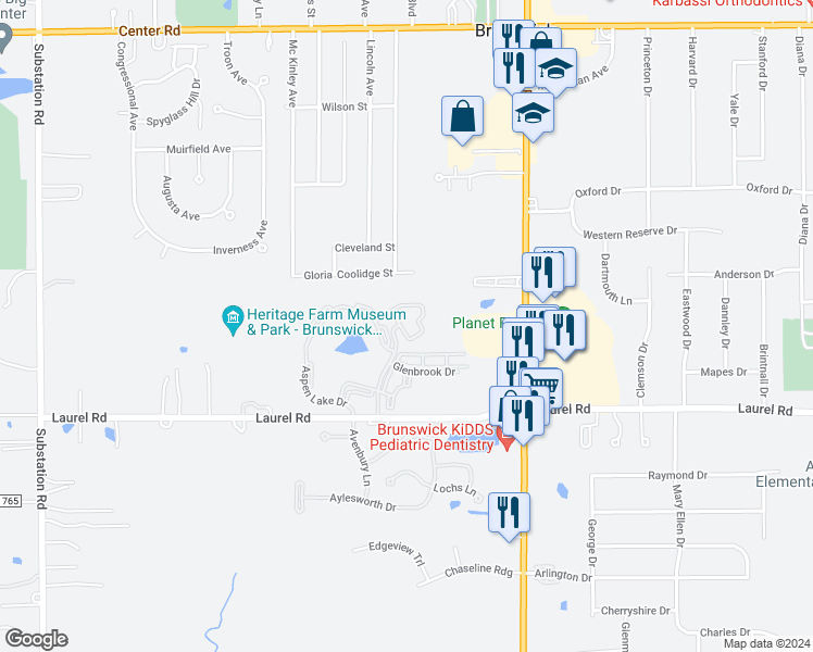 map of restaurants, bars, coffee shops, grocery stores, and more near 1685 Stonybrook Lane in Brunswick