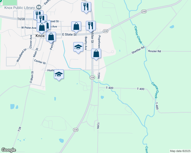 map of restaurants, bars, coffee shops, grocery stores, and more near 8784-8998 Pennsylvania 338 in Knox