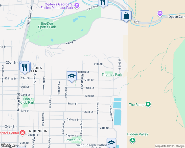 map of restaurants, bars, coffee shops, grocery stores, and more near 1657 Rushton Street in Ogden