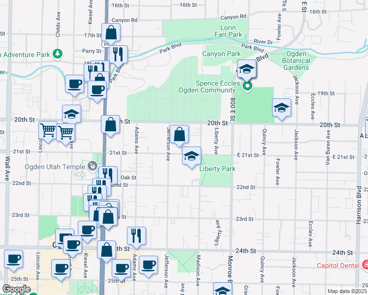 map of restaurants, bars, coffee shops, grocery stores, and more near 2072 Orchard Avenue in Ogden
