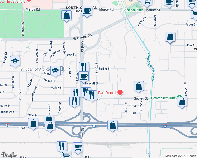 map of restaurants, bars, coffee shops, grocery stores, and more near 3221 South 70th Street in Omaha