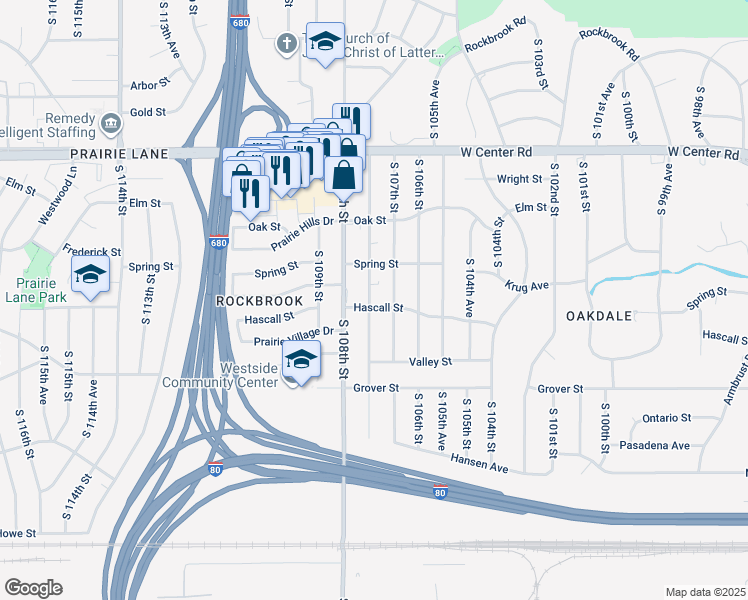 map of restaurants, bars, coffee shops, grocery stores, and more near 3306 South 107th Street in Omaha