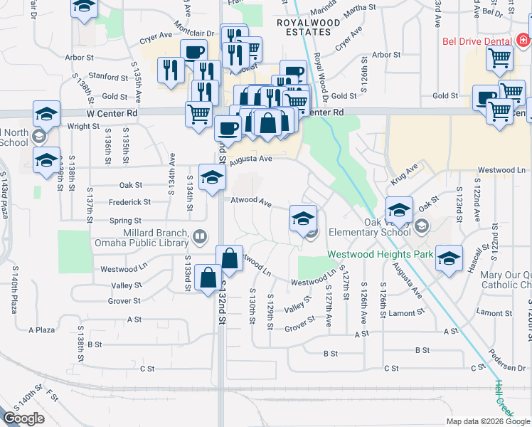 map of restaurants, bars, coffee shops, grocery stores, and more near 3222 South 130th Circle in Omaha