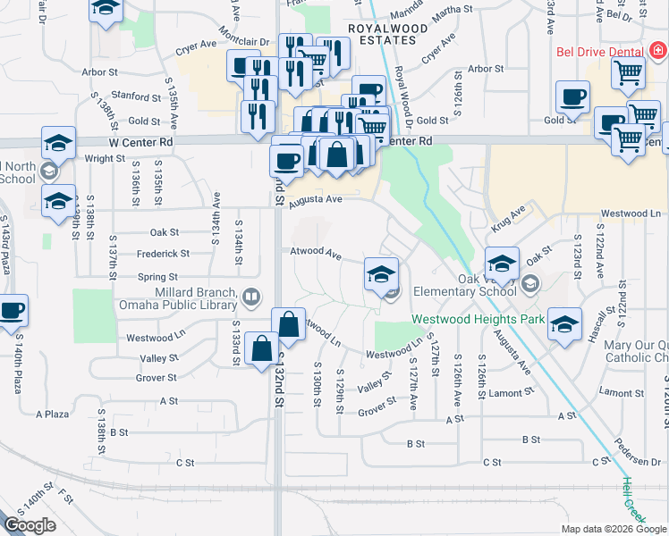 map of restaurants, bars, coffee shops, grocery stores, and more near 3222 South 130th Circle in Omaha