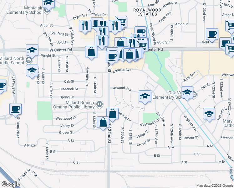 map of restaurants, bars, coffee shops, grocery stores, and more near 3229 South 131st Circle in Omaha