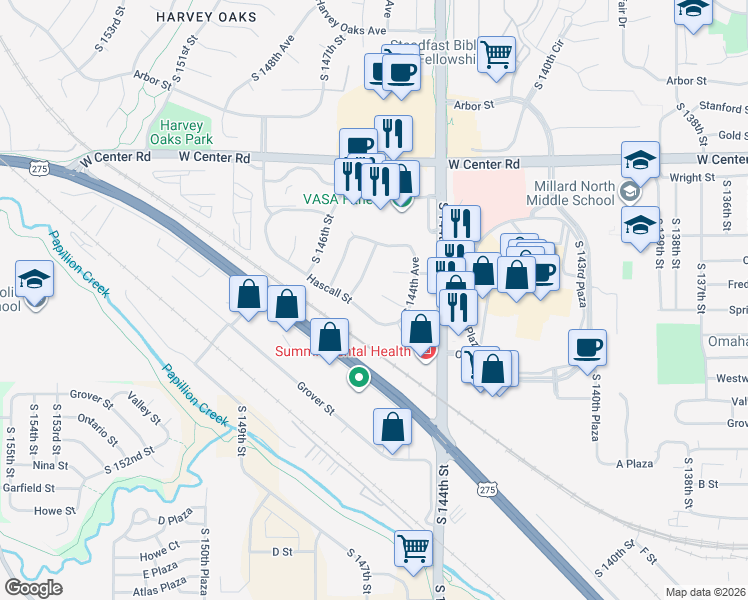 map of restaurants, bars, coffee shops, grocery stores, and more near 14458 Hascall Street in Omaha