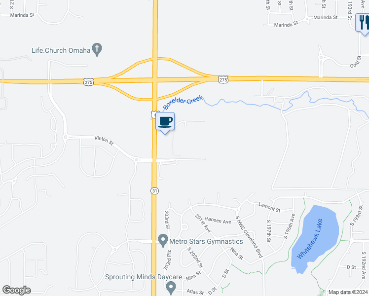 map of restaurants, bars, coffee shops, grocery stores, and more near 3205 South 204th Street in Douglas County