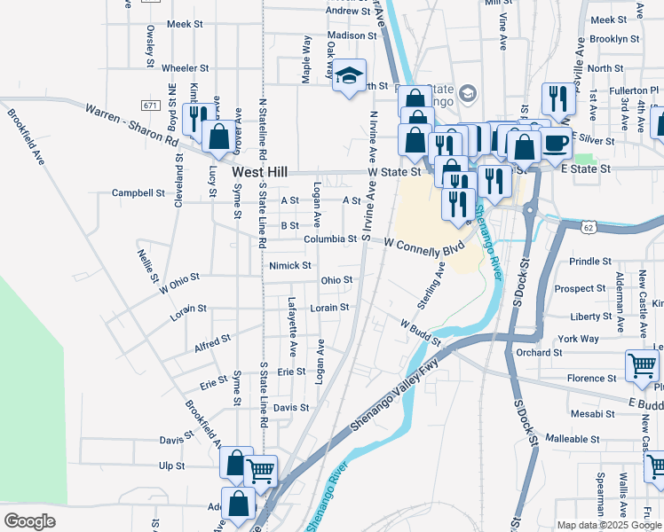 map of restaurants, bars, coffee shops, grocery stores, and more near 354 Ohio Street in Sharon
