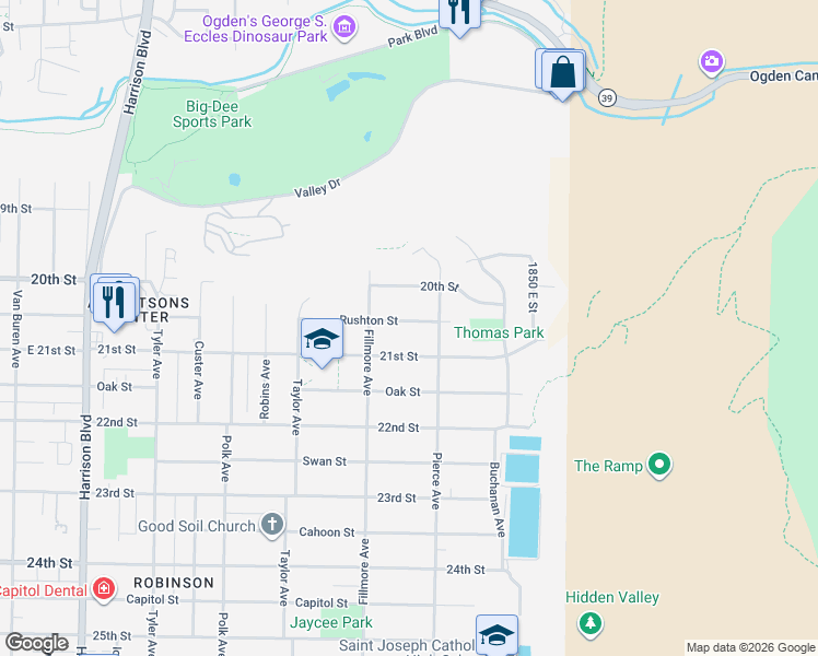 map of restaurants, bars, coffee shops, grocery stores, and more near 1651 Rushton Street in Ogden