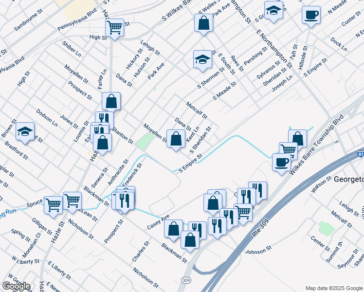 map of restaurants, bars, coffee shops, grocery stores, and more near 147 Kent Lane in Wilkes-Barre