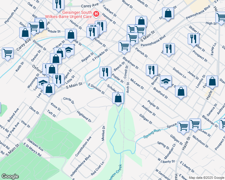 map of restaurants, bars, coffee shops, grocery stores, and more near 43 Schuler Street in Wilkes-Barre