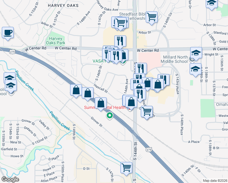 map of restaurants, bars, coffee shops, grocery stores, and more near 14458 Hascall Street in Omaha