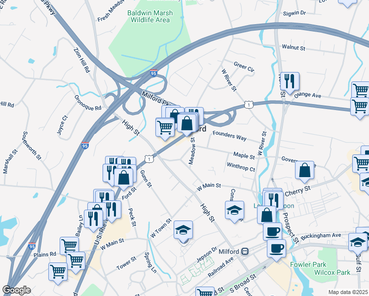 map of restaurants, bars, coffee shops, grocery stores, and more near 142 Maple Street in Milford