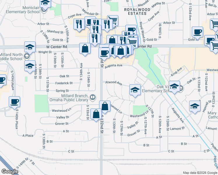 map of restaurants, bars, coffee shops, grocery stores, and more near 3229 South 131st Circle in Omaha