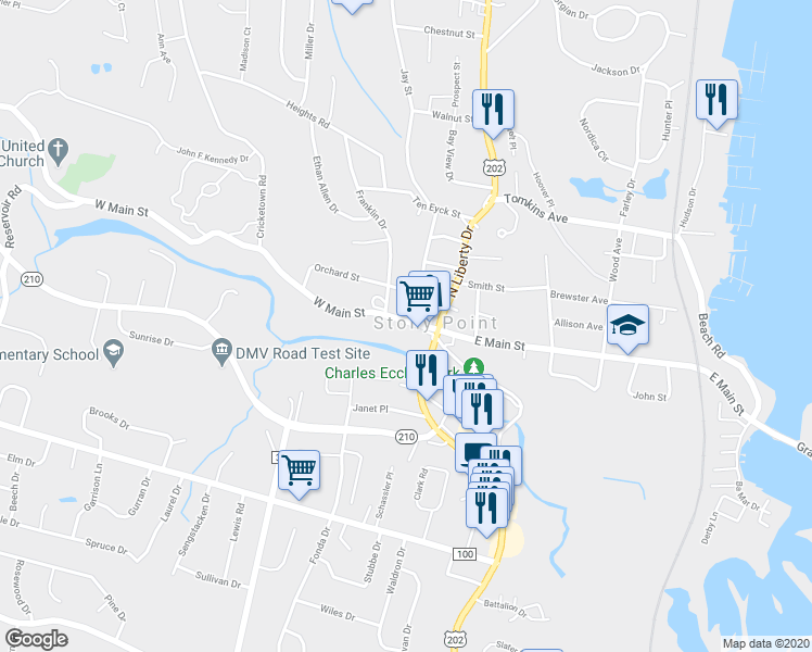 map of restaurants, bars, coffee shops, grocery stores, and more near 112 West Main Street in Stony Point