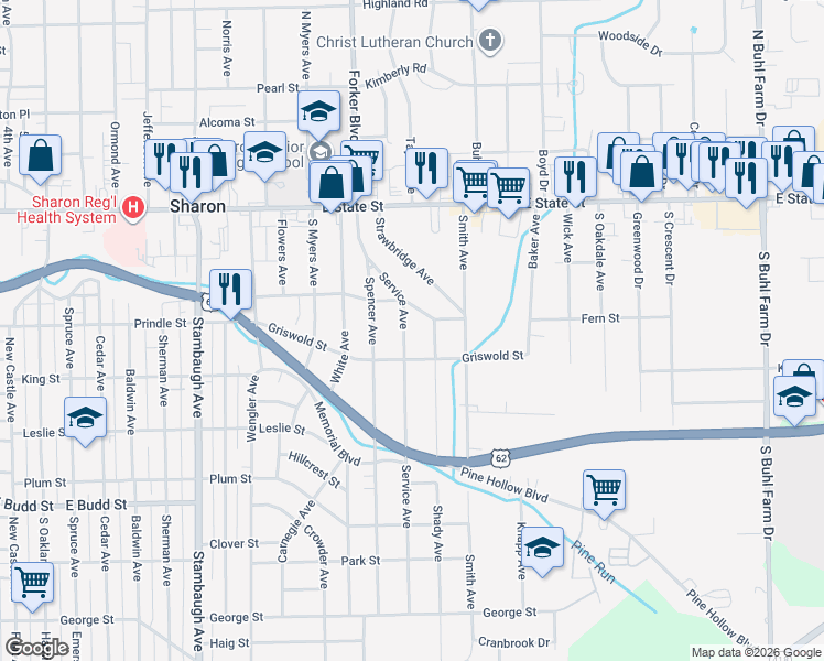 map of restaurants, bars, coffee shops, grocery stores, and more near 284 Service Avenue in Sharon