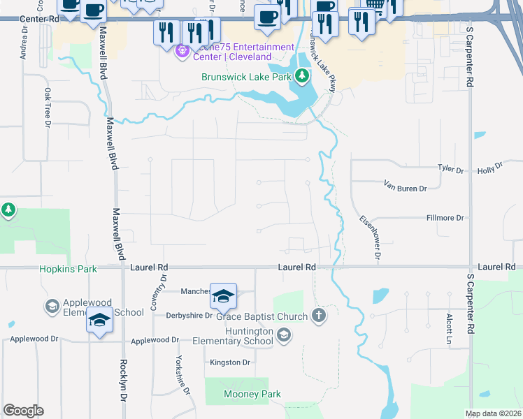 map of restaurants, bars, coffee shops, grocery stores, and more near 3565 Monterey Circle in Brunswick