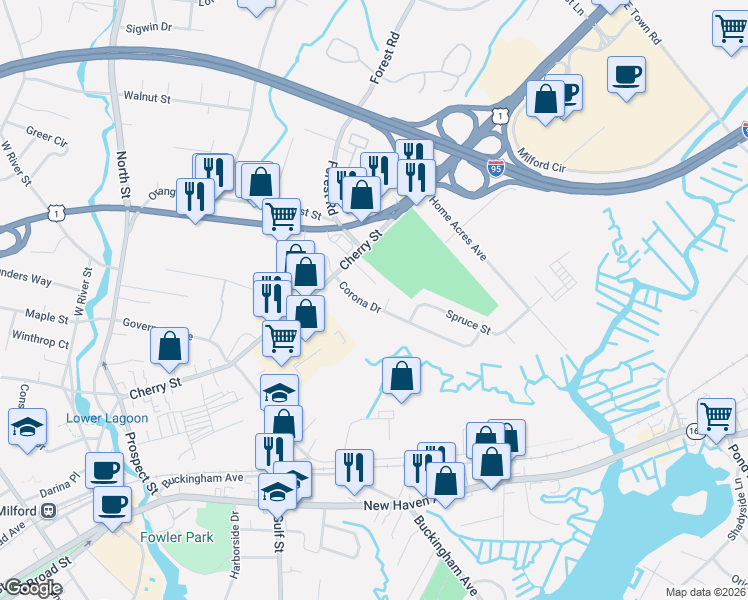 map of restaurants, bars, coffee shops, grocery stores, and more near 42 Corona Drive in Milford