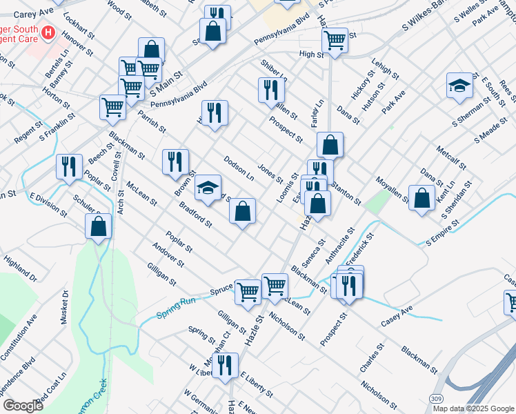 map of restaurants, bars, coffee shops, grocery stores, and more near 261 Parrish Street in Wilkes-Barre