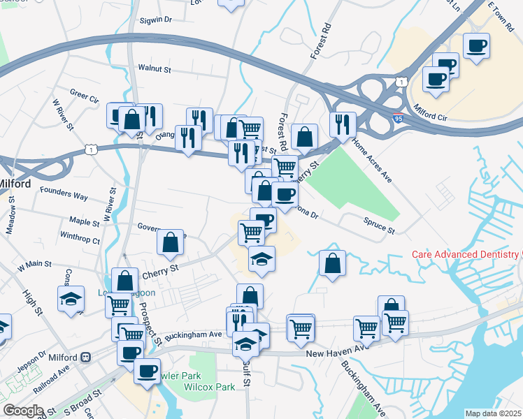 map of restaurants, bars, coffee shops, grocery stores, and more near 174 Cherry Street in Milford