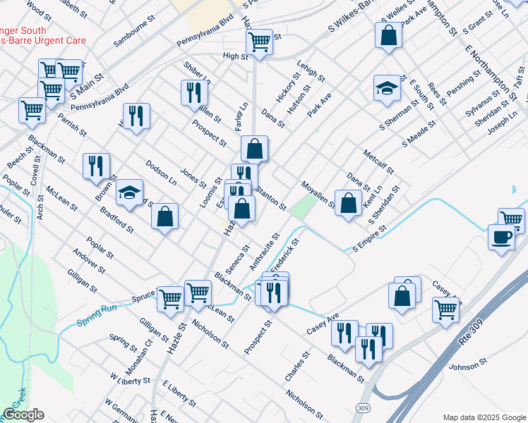 map of restaurants, bars, coffee shops, grocery stores, and more near 7 Anthracite Street in Wilkes-Barre