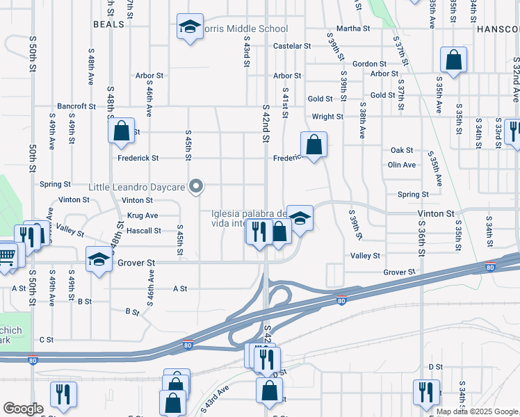 map of restaurants, bars, coffee shops, grocery stores, and more near 3214 South 42nd Street in Omaha