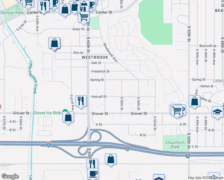 map of restaurants, bars, coffee shops, grocery stores, and more near 3218 South 57th Circle in Omaha