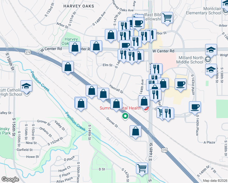 map of restaurants, bars, coffee shops, grocery stores, and more near 14561 Hascall Street in Omaha