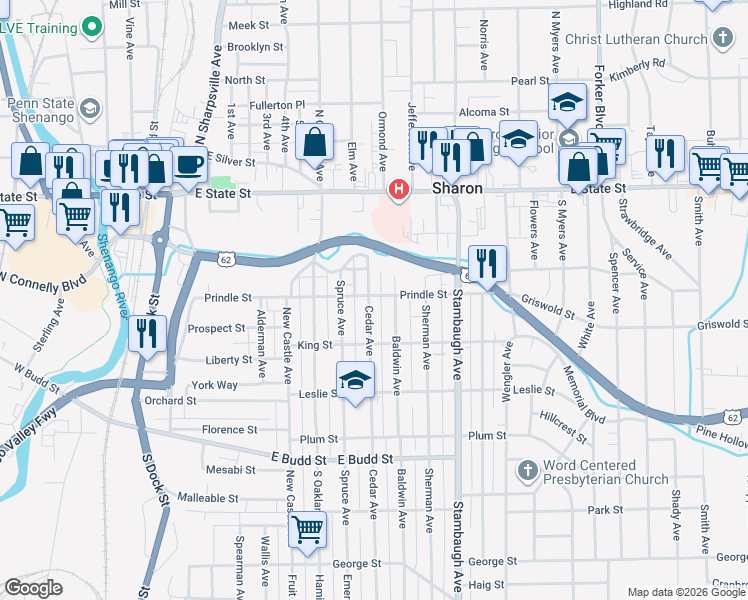 map of restaurants, bars, coffee shops, grocery stores, and more near 288 Cedar Avenue in Sharon