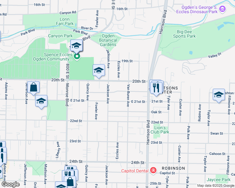 map of restaurants, bars, coffee shops, grocery stores, and more near 1020 East 21st Street in Ogden