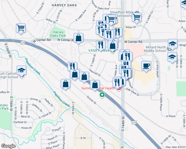 map of restaurants, bars, coffee shops, grocery stores, and more near 14561 Hascall Street in Omaha