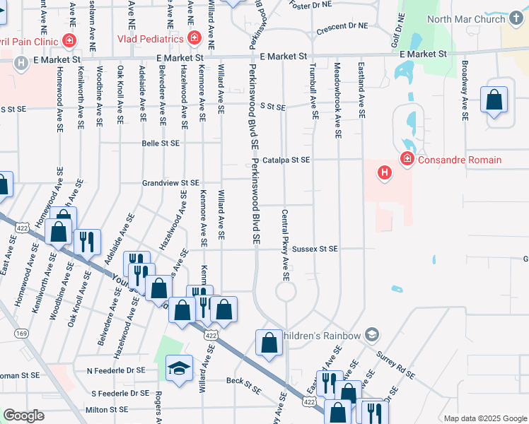 map of restaurants, bars, coffee shops, grocery stores, and more near 847 Perkinswood Boulevard Southeast in Warren