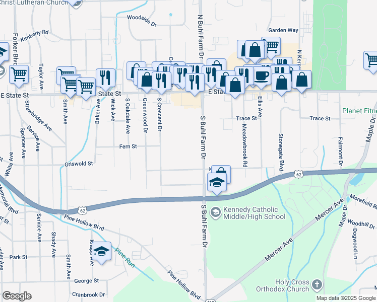 map of restaurants, bars, coffee shops, grocery stores, and more near 260 South Buhl Farm Drive in Hermitage