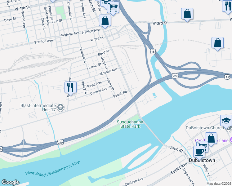 map of restaurants, bars, coffee shops, grocery stores, and more near 2101-2119 Reach Rd in Williamsport