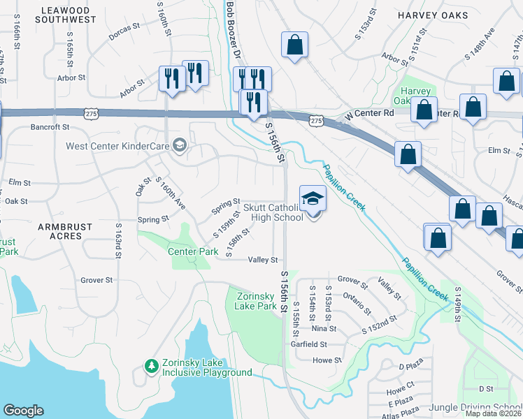 map of restaurants, bars, coffee shops, grocery stores, and more near 3130 South 157th Street in Omaha