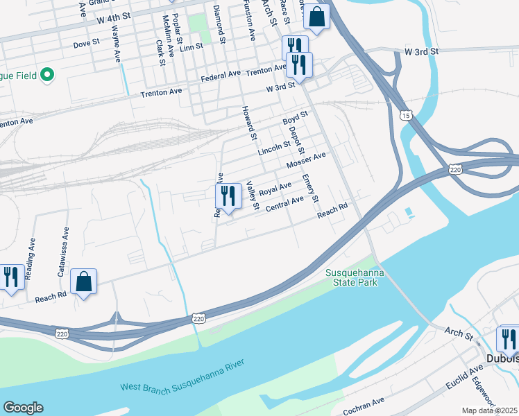 map of restaurants, bars, coffee shops, grocery stores, and more near 2246 Central Avenue in Williamsport
