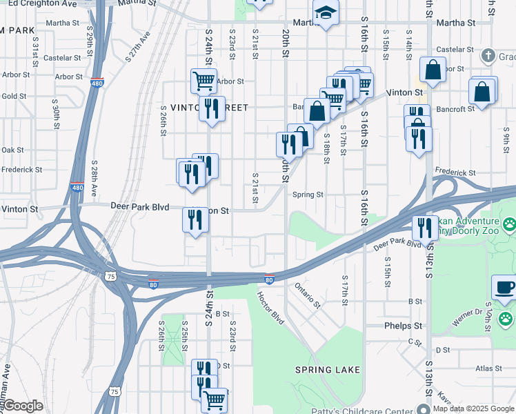 map of restaurants, bars, coffee shops, grocery stores, and more near 2046 Vinton Street in Omaha