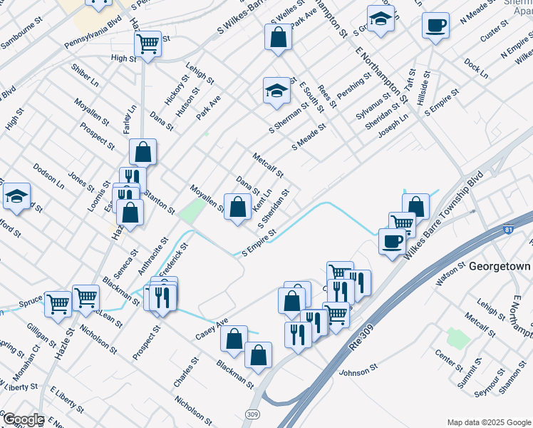 map of restaurants, bars, coffee shops, grocery stores, and more near 295 South Sheridan Street in Wilkes-Barre