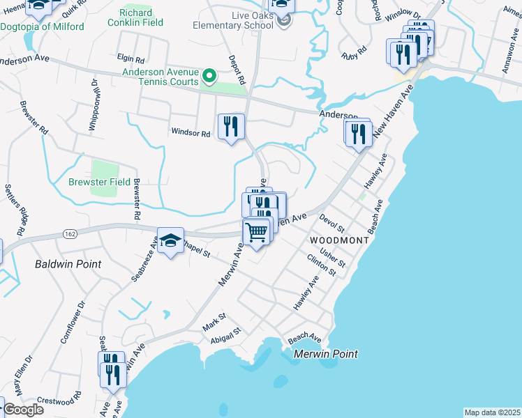 map of restaurants, bars, coffee shops, grocery stores, and more near in Milford