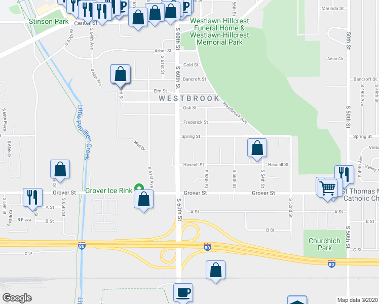 map of restaurants, bars, coffee shops, grocery stores, and more near 5810 Hascall Street in Omaha