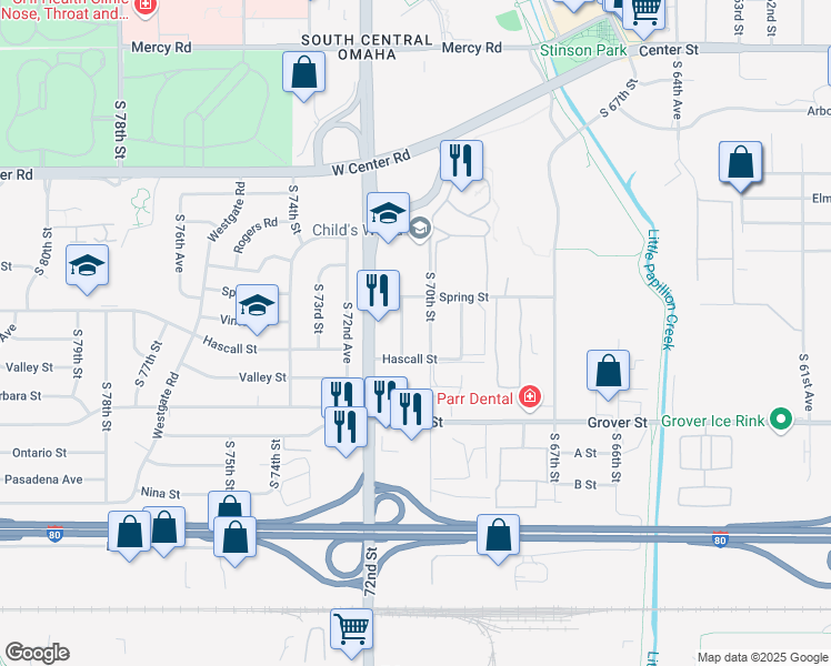 map of restaurants, bars, coffee shops, grocery stores, and more near 7010 Hascall Street in Omaha