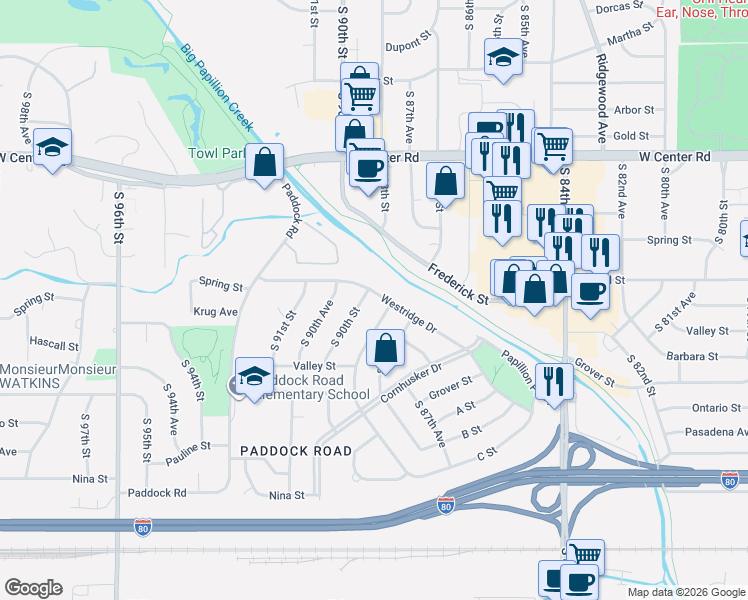 map of restaurants, bars, coffee shops, grocery stores, and more near 3313 South 89th Street in Omaha