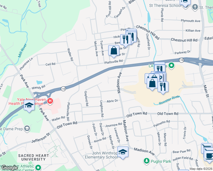 map of restaurants, bars, coffee shops, grocery stores, and more near 18 Bonheur Road in Trumbull
