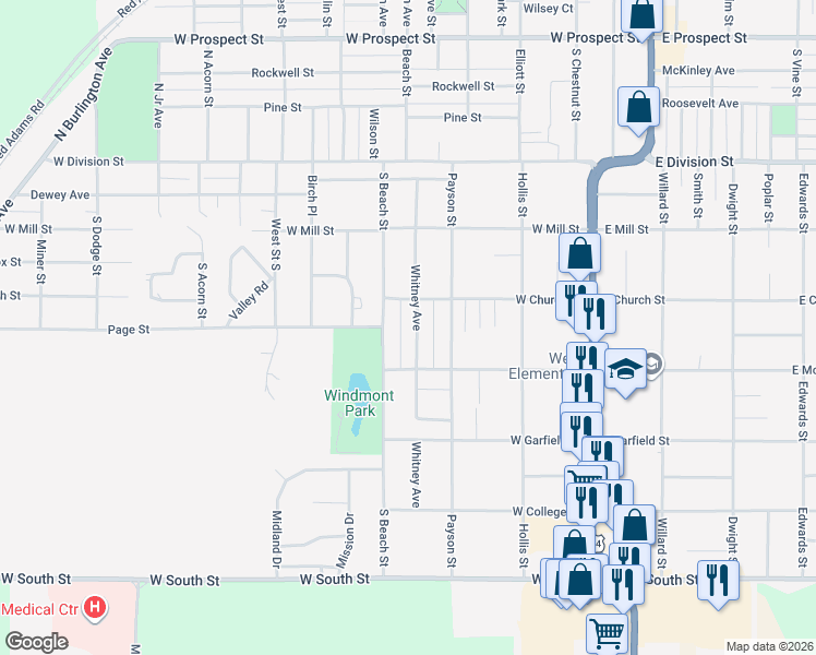 map of restaurants, bars, coffee shops, grocery stores, and more near 300-344 Whitney Avenue in Kewanee