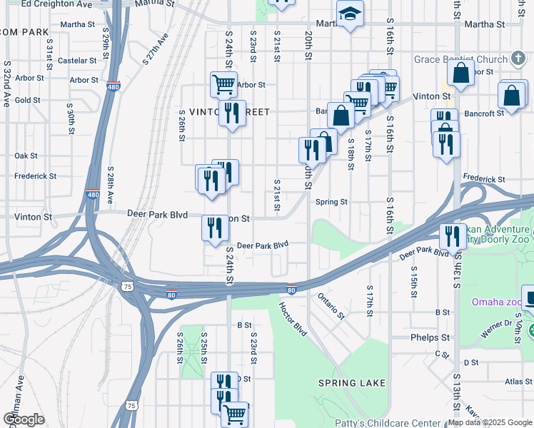 map of restaurants, bars, coffee shops, grocery stores, and more near 2108 Vinton Street in Omaha