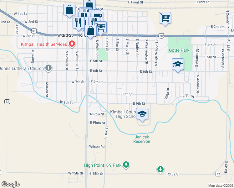 map of restaurants, bars, coffee shops, grocery stores, and more near 800 South Elm Street in Kimball